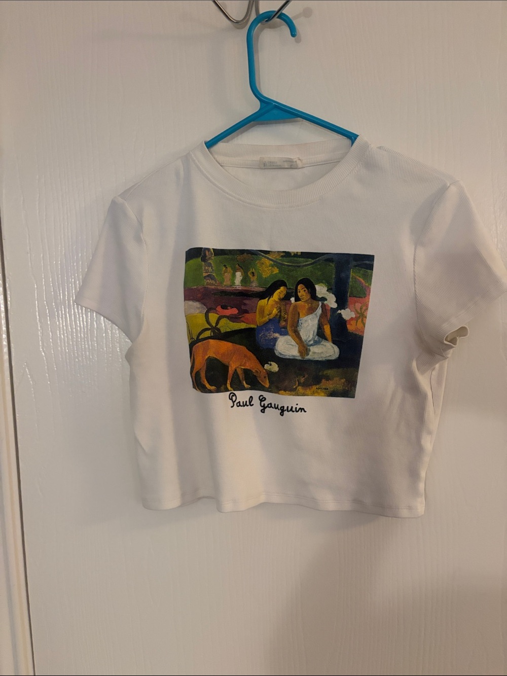 Primark Cares Gauguin Tahitian art painting ribbed crop tee shirt. Sz L